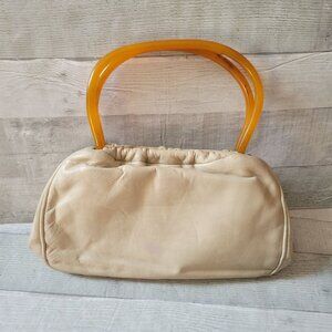 Vintage Saks Fifth Avenue Beige Leather Handbag With Bakelite Handles & Coin Pur